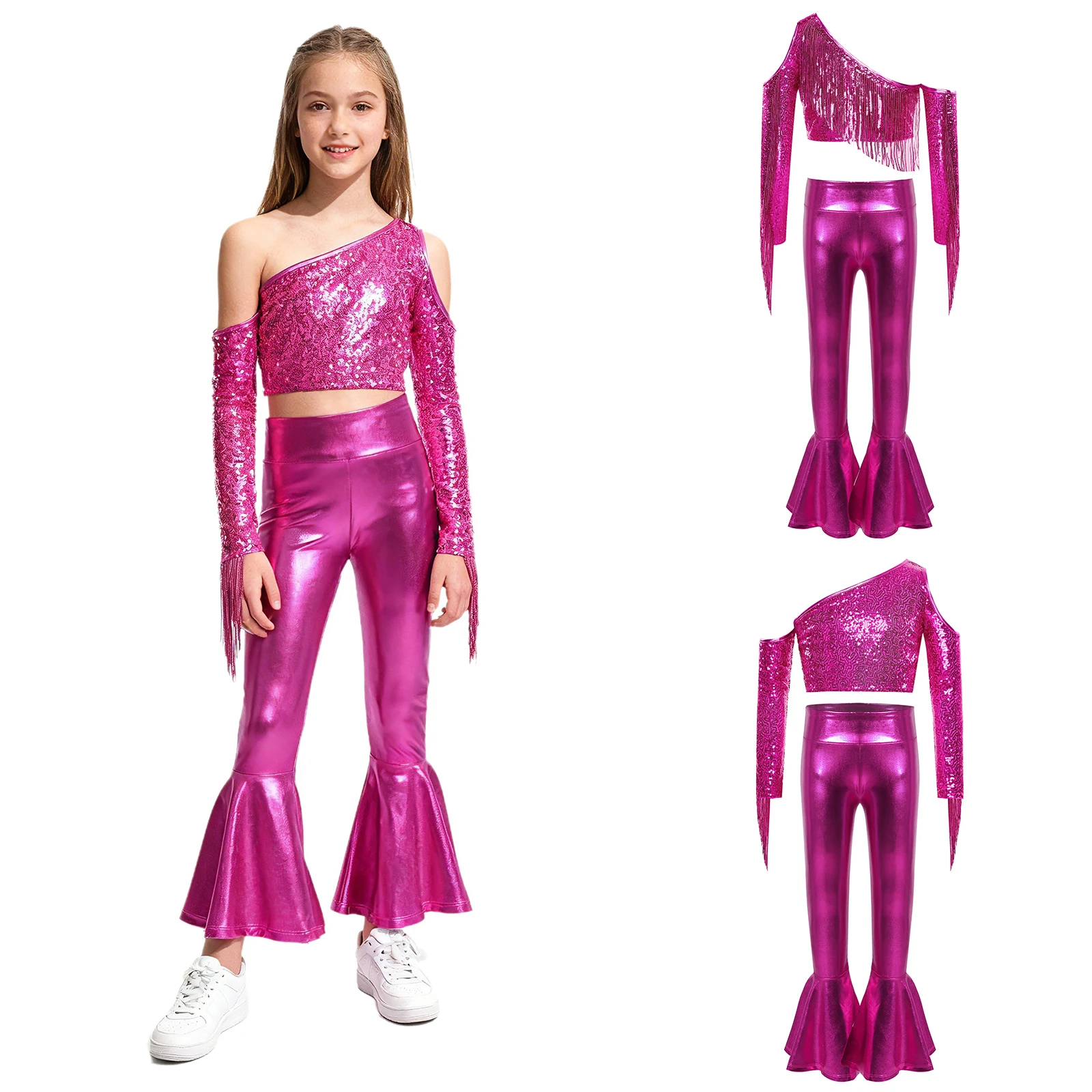 

Kids Girls Metallic 70s Disco Jazz Dance Performance Costume Cheerleading Outfits Sequin Tassels Crop Top with Bell-Bottom Pants
