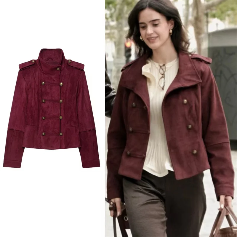 Guobioziy 2026 Women's Jacket Fall New Wine Red Long-Sleeve Stand Collar Rope Knot Button Suede Napoleon Jacket Knight Style