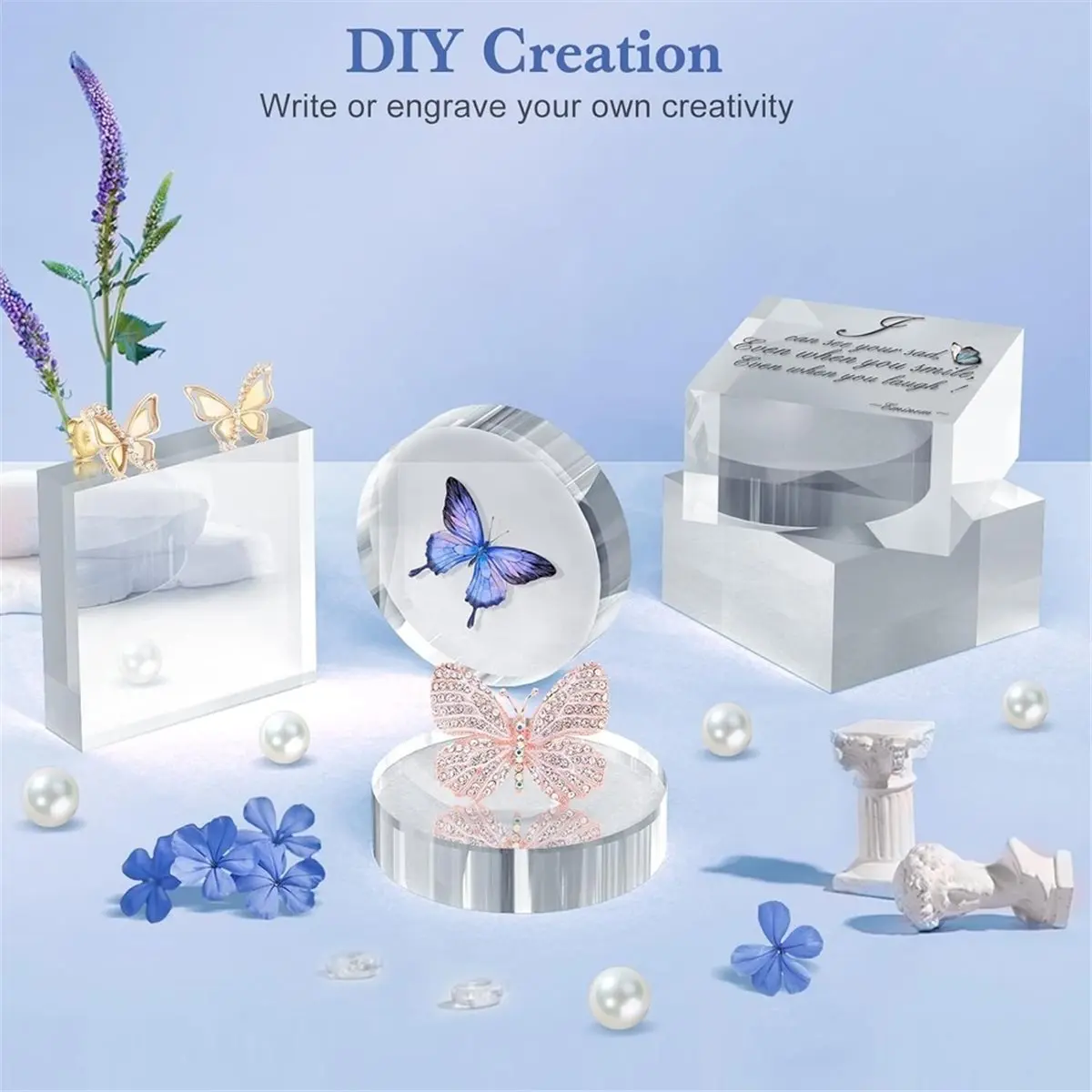 Acrylic Display Blocks 3x3 Inch, Set of 4 Clear Square Riser Stands for Jewelry, Trophies, and Collectibles