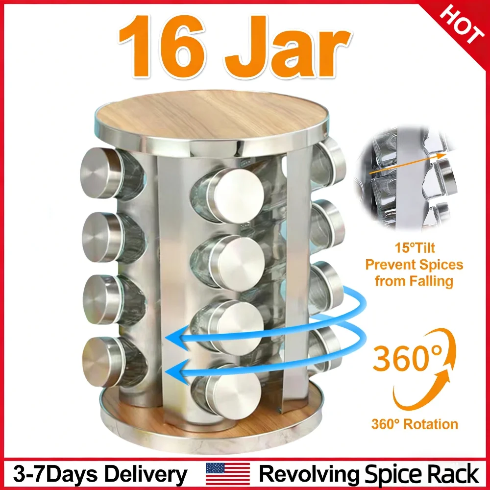

360 ° Вращающаяся подставка для специй с 16 стеклянными баночками по 3 унции, из нержавеющей стали, для кухонной столешницы или шкафа
