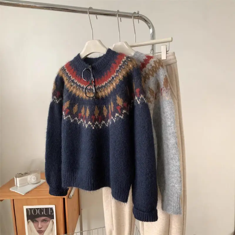 Fair ilha jacquard menina camisola outono inverno pulôver solto macio pegajoso manter quente novos topos estilo preppy cor bloqueando malhas