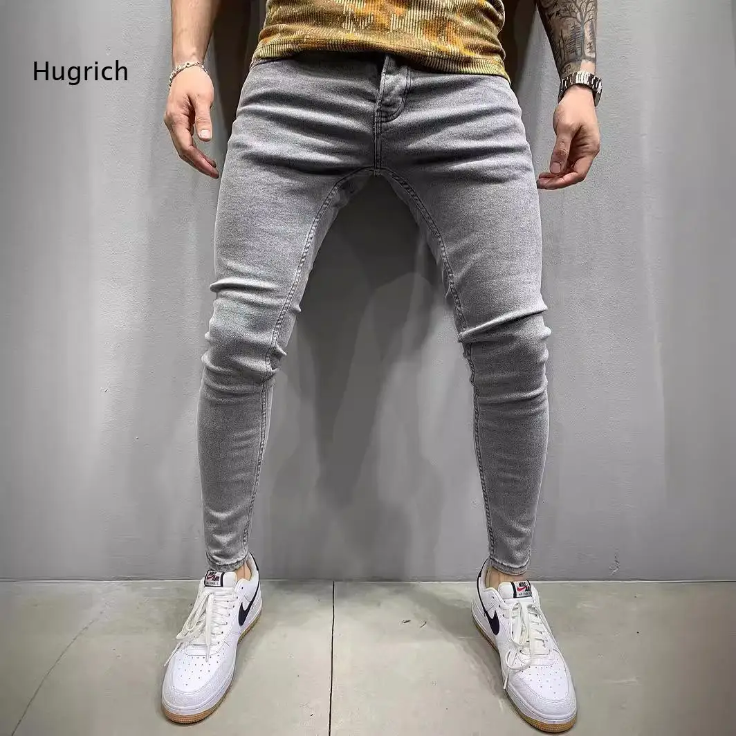 Skinny Tapered Denim Pants For Men Grey Washed Stretch Fabric Full Functional Pockets Slim Silhouette For Daily Casual Wearing