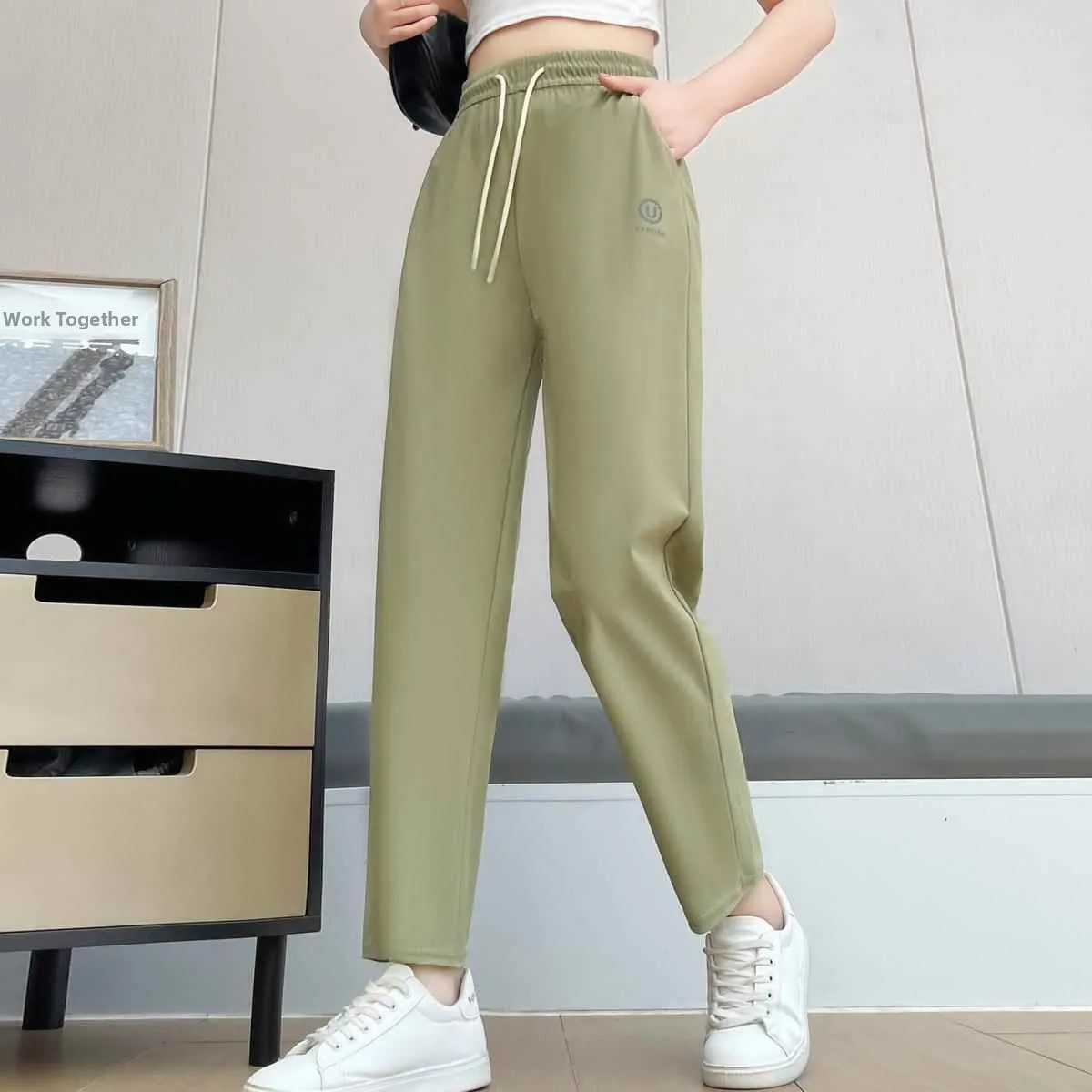  Summer New Qui Dry Ice Silk Casual Women's Pants Elastic High Waist Loose Fit Basic Sle Polyester Fiber High Waist