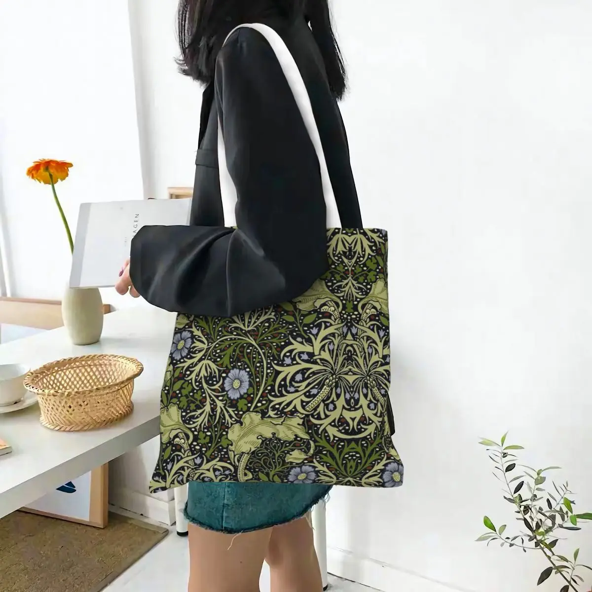 William Morris Seaweed Shopping Bags Canvas The Tote Bag Foldable for Women Shoulder Tote Travel Handbag