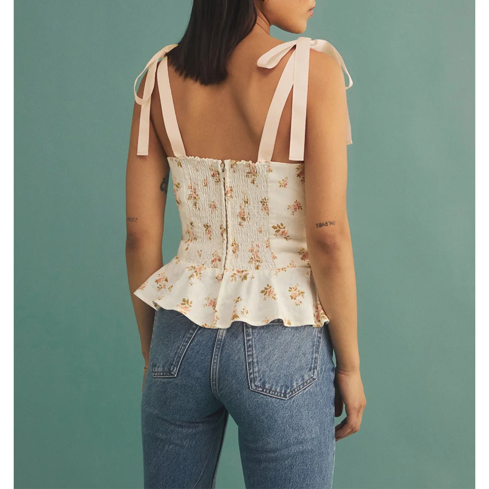 

Vintage Floral Print Crop Top Sweetheart Neck Ruffle Hem Elegant Peplum Sleeveless Tie Strap Sexy Summer s Women 2022