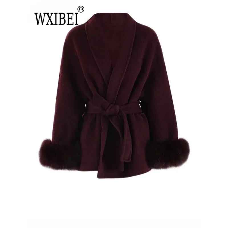 WXIBEI Wine Red Fur Cuff Big Size Belted Woolen Coat New Lapel Long Sleeve Women Jacket Fashion Tide Autumn Winter 2024