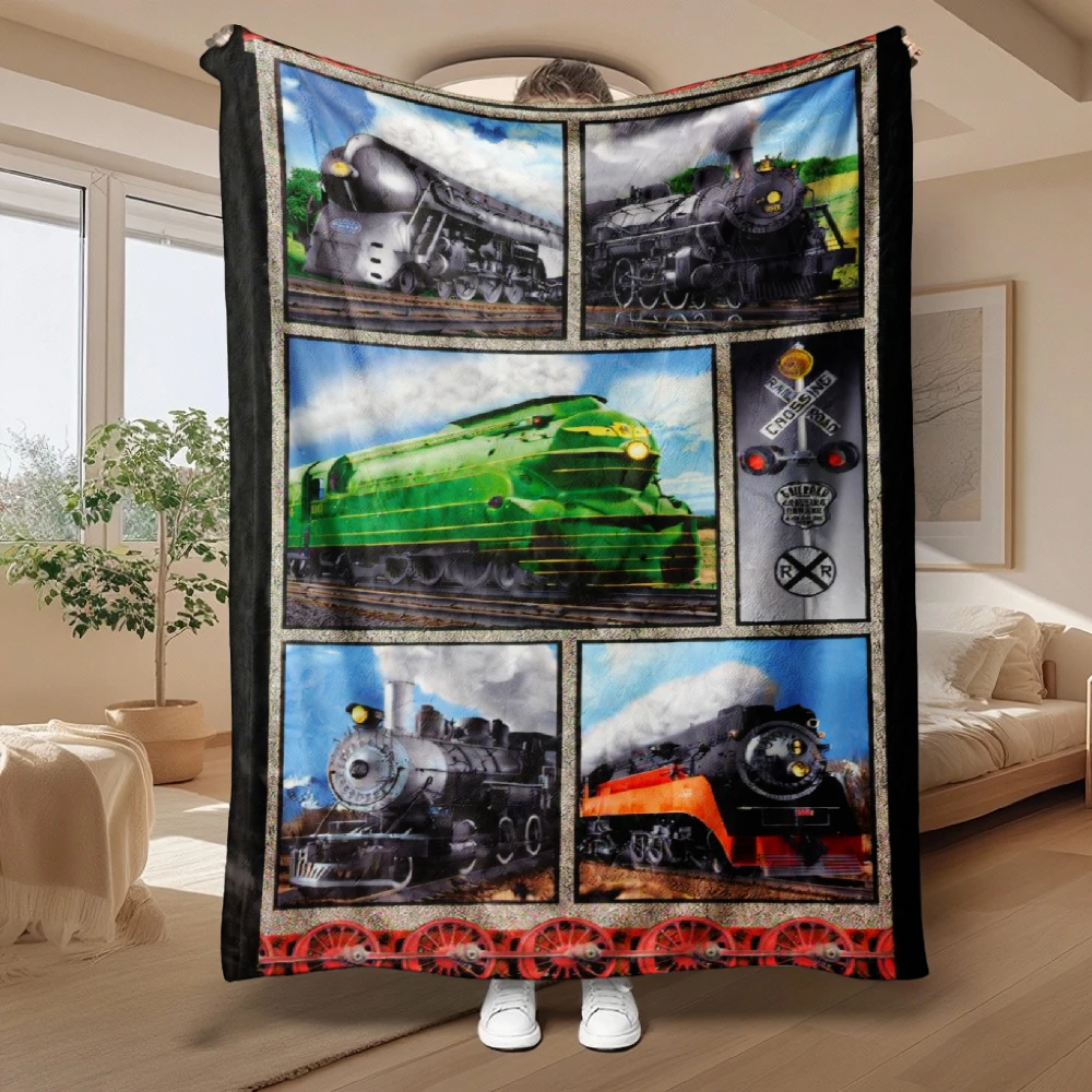 Vintage Train Collage, Railway Enthusiast Gift, Soft Cozy Blanket, Classic Locomotive Print, Multi-Purpose Home Decor, Warm Comf