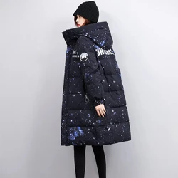 White Duck Down 90% Coat Women 2022 Winter New Fashion Loose Casual Down Jacket Female Long Hooded Printing Thick Warm Parkas