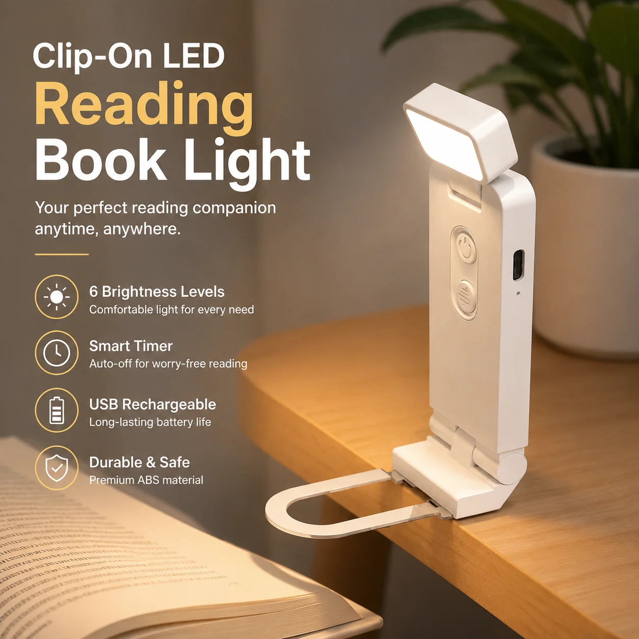 Clip-On LED Reading Book Light with 6 Brightness Levels, Timer, USB Rechargeable, ABS Material, White/Black, 5W