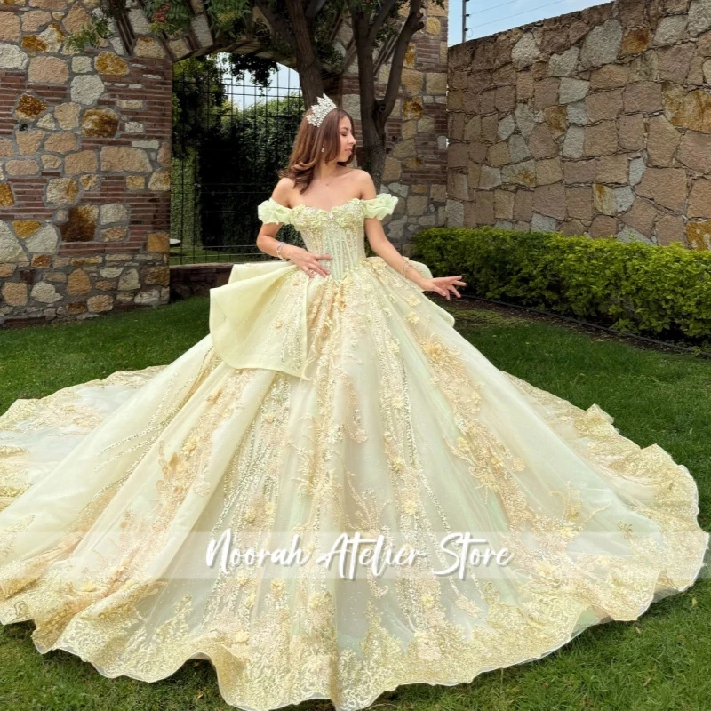 

Yellow Quinceanera Dresses Ball Gown Off The Shoulder Applique Flower Beading Crystal Tull Sweet 16 Dress Vestidos 15 De Anos