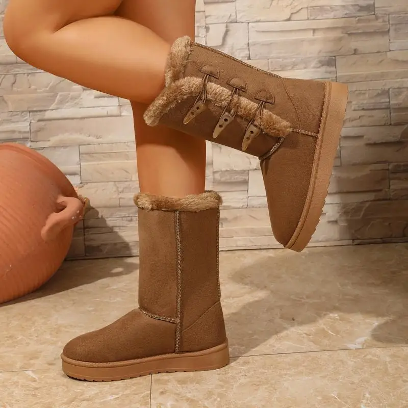 Brand Classic Horn Button Decorat Suede Snow Boots Women Winter 2026 Warm Plush Mid Calf Boots Women Fluffy Fur High Booties