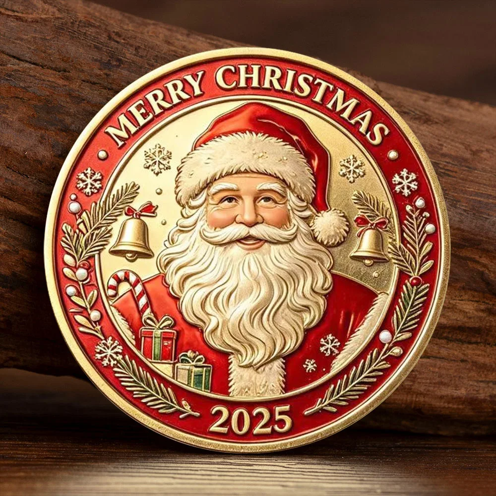 2D Christmas Santa Claus Gold Plated Commemorative Coin  Xmas Tree Reindeer Sleigh Metal Collection Coin Souvenir Gift