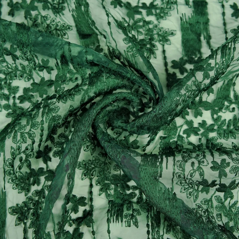 2 Yards High-end quality Dark green, semi-sheer, embroidered organza jacquard fabric for dresses, gowns, and skirtsA