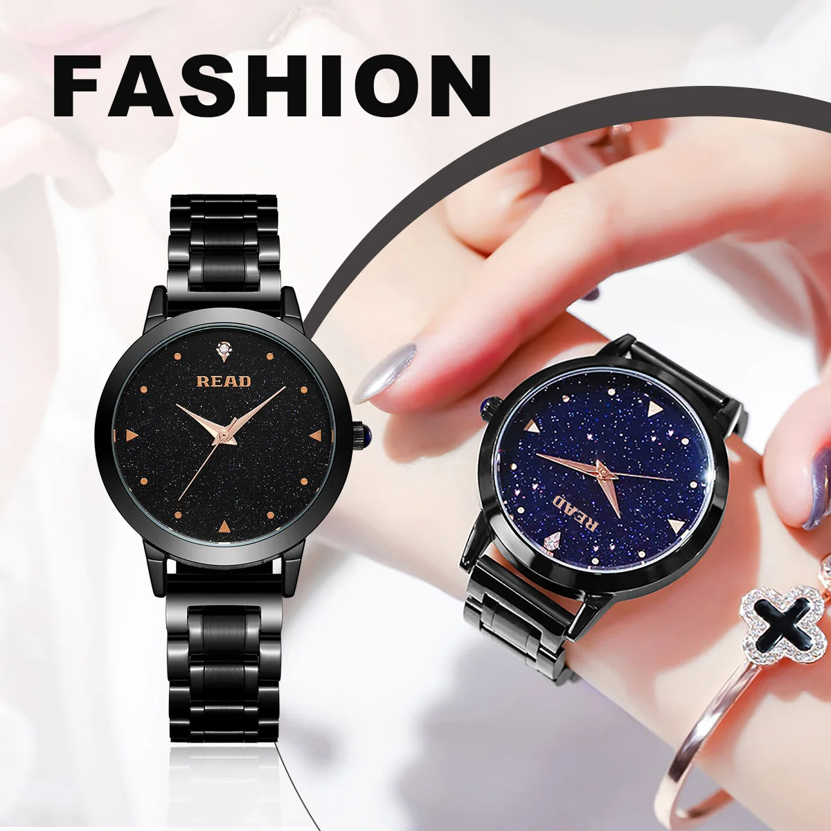 READ Ladies Analog Dress Watch | All‑Black Metal Case | Glitter Star Dial | Butterfly Clasp | Daily Water Resistant Wrist Watch