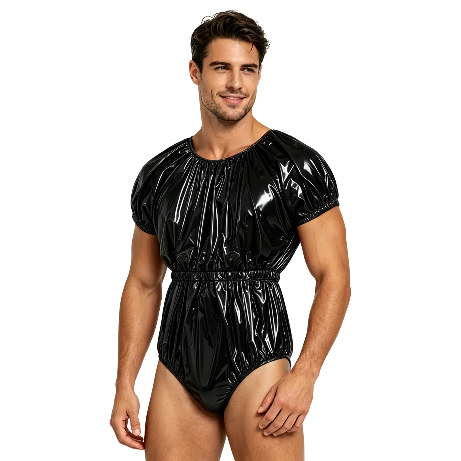 Men Waterproof Diaper Cover Jumpsuit with Button Crotch Short Sleeve Swimwear Elastic Waist Leakproof Bodysuit Adaptive Clothing