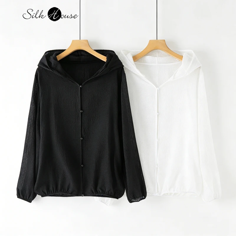 2026 Women's Summer Clothing Texture 100% Natural Mulberry Silk Bubble Crepe Hooded Casual Long Sleeved Sunscreen Clothing