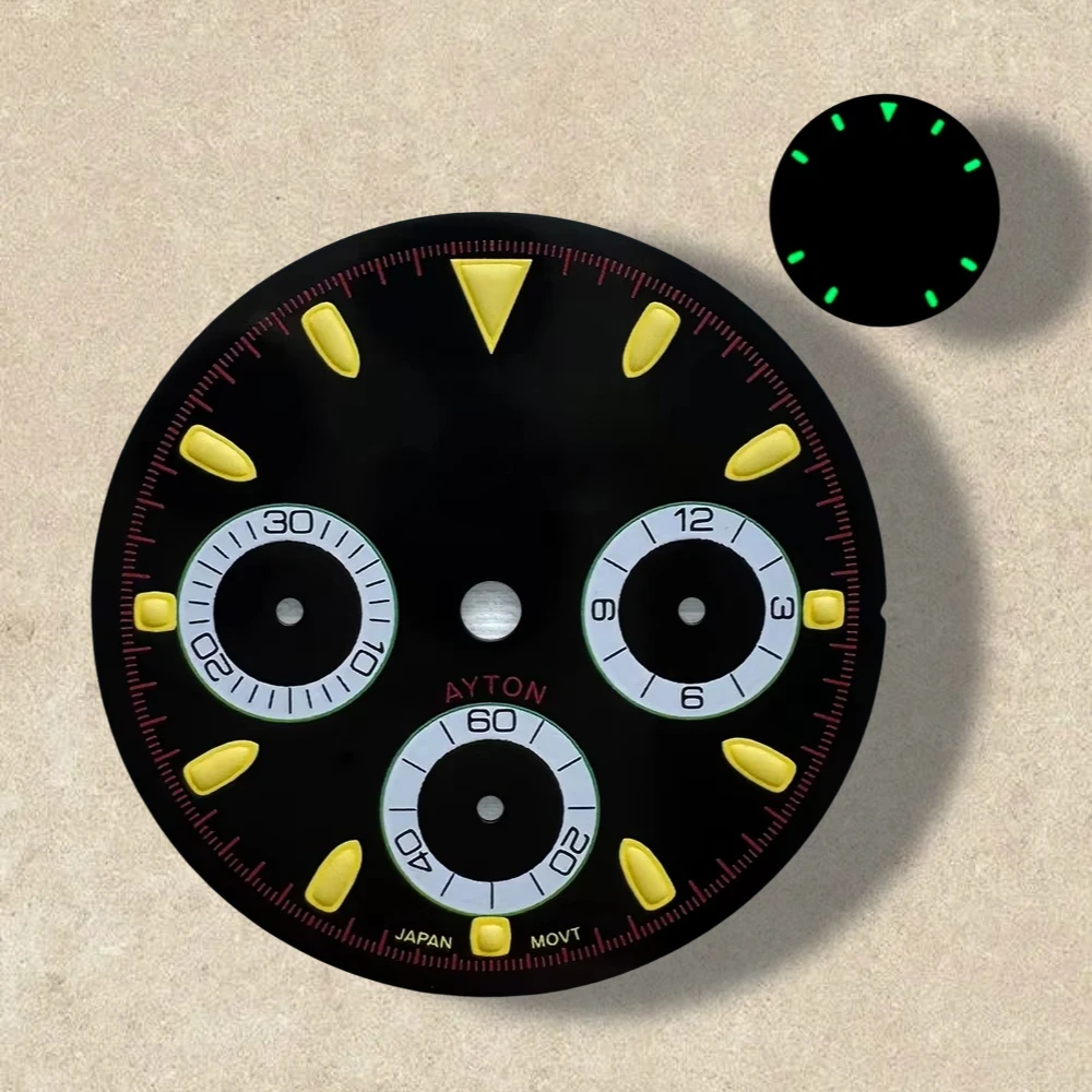 29.5mm S Logo panda colorato DTN quadrante a tre occhi adatto al movimento VK63 verde luminoso quadrante di alta qualità accessori per la modifica dell'orologio