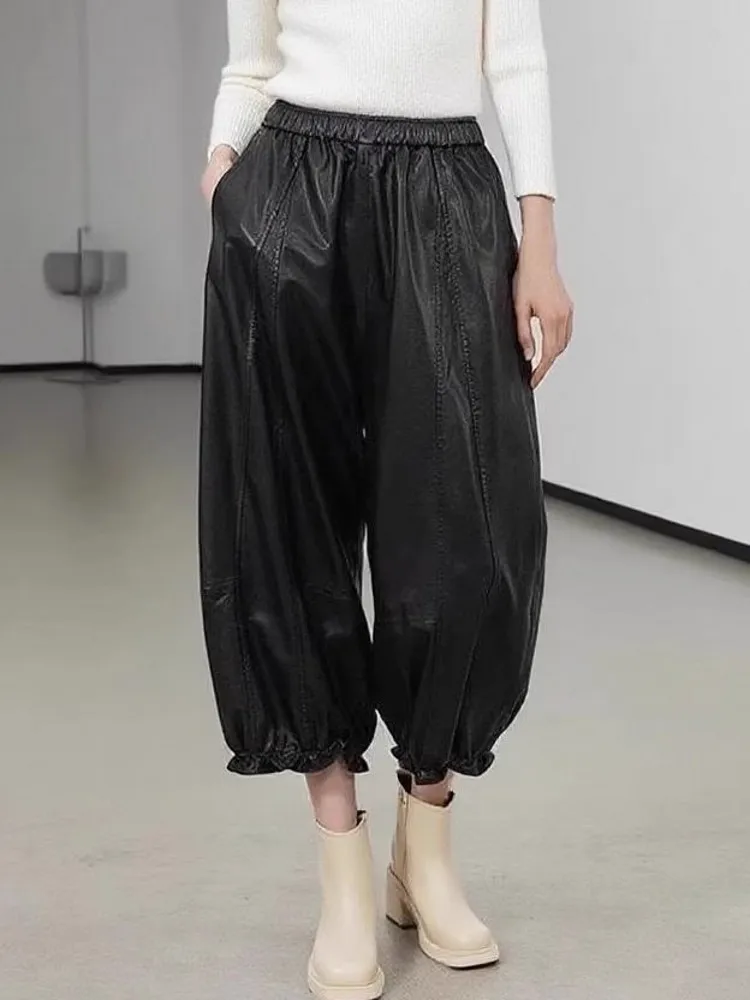 New Fashion Women Ankle Length Ruffles Lantern Pants Elastic Waist Loose Fit Sheepskin Genuine Leather Pants Streetwear Trousers