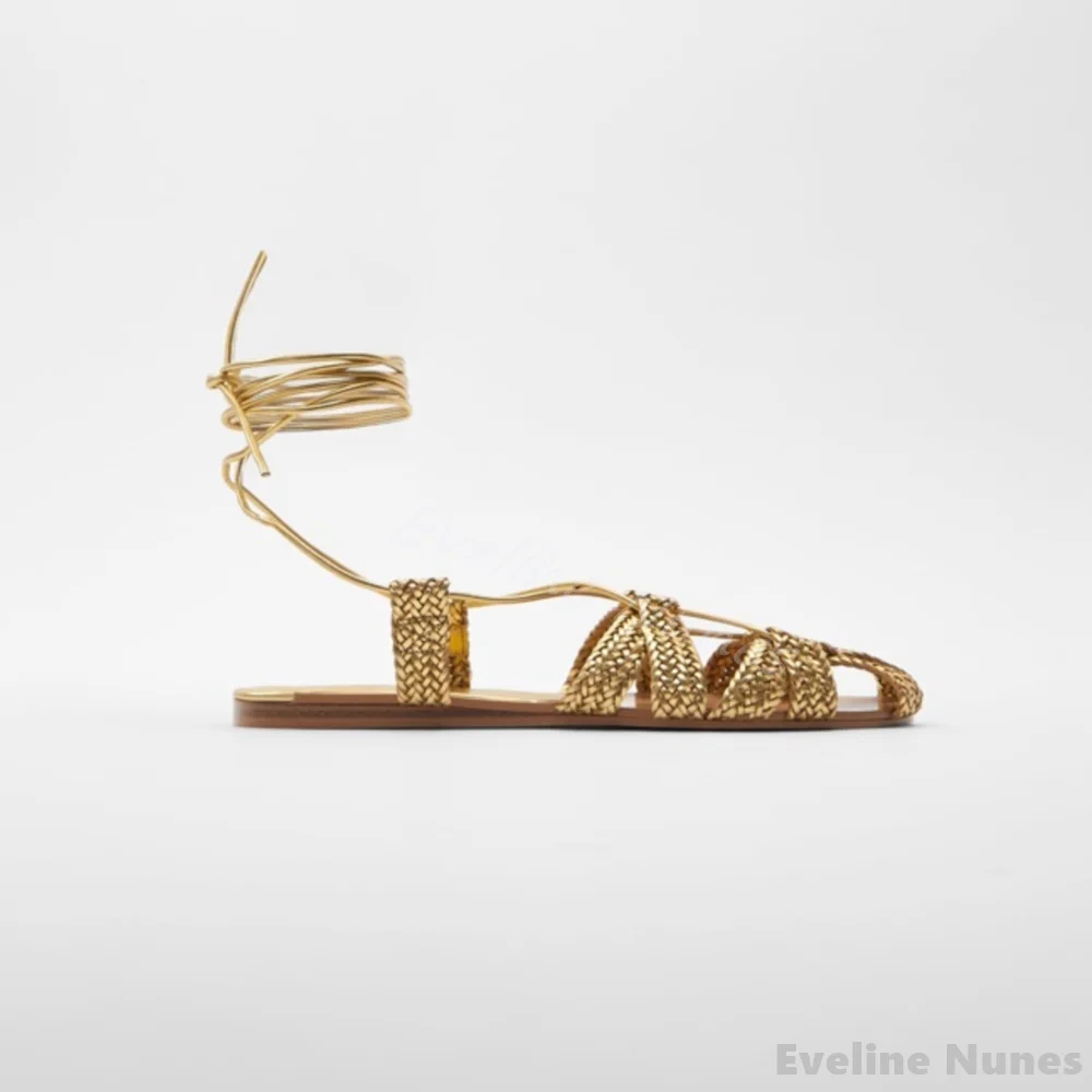 Strappy Woven Gladiator Sandals Women Gold Bohemian Style Closed Toe Hollow Flat Casual Sandals Summer New Beach Travel Sandals