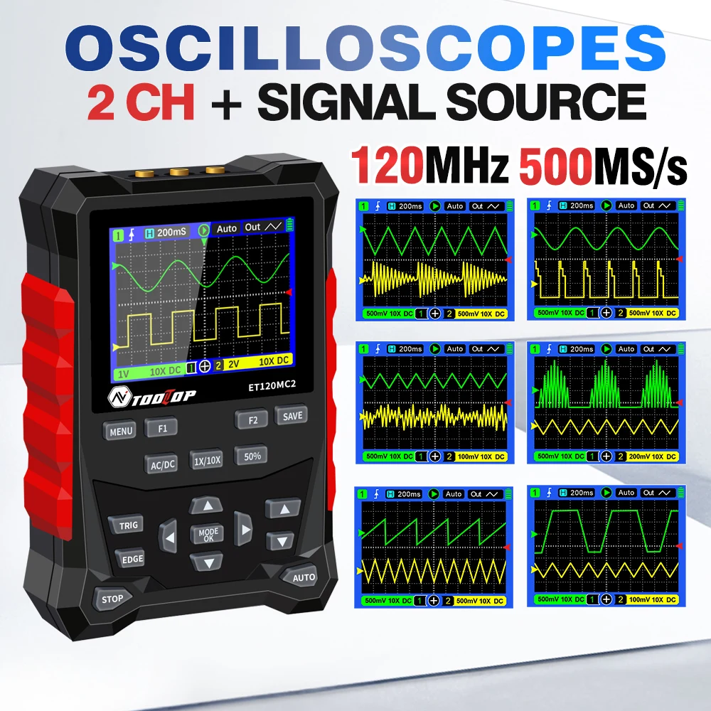 TOOLTOP 2-kanałowy oscyloskop cyfrowy 120 MHz Generator sygnału 2 w 500MSa/S Częstotliwość próbkowania sinusoidalna fala prostokątna Mini