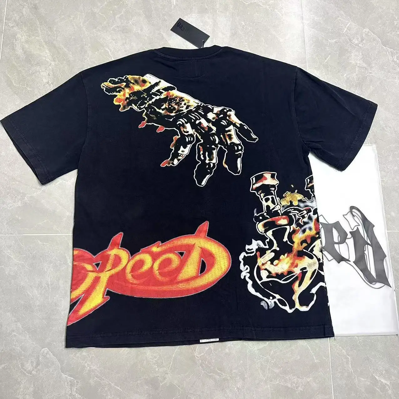 Godspeed Robot Print T-Shirt Vintage Washed Cotton Loose Fit Short Sleeve Street Style Retro High Street Pure Cotton Tee
