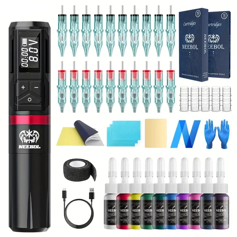 Wireless Rotary Tattoo Kit: USB Recharge, Digital LED Display, Ink & Needles - Perfect for Professionals & Beginners