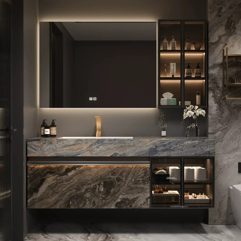 Luxury Hotel Style Bathroom Vanity with Custom Sintered Stone Integrated Sink High-End Cabinet Combo with LED Mirror furniture