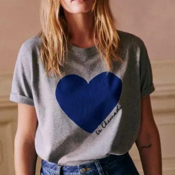 Style rétro français gris ample à manches courtes impression t-shirts femmes été coton décontracté hauts t-shirts Ins mode chemises élégantes