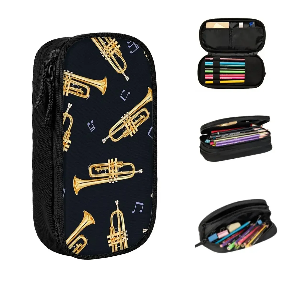 

Gold Trumpet On Black Pencil Cases Large Capacity Pen Bags Pen Box Pencil Pouch For Boys Girls Students Stationery School Office