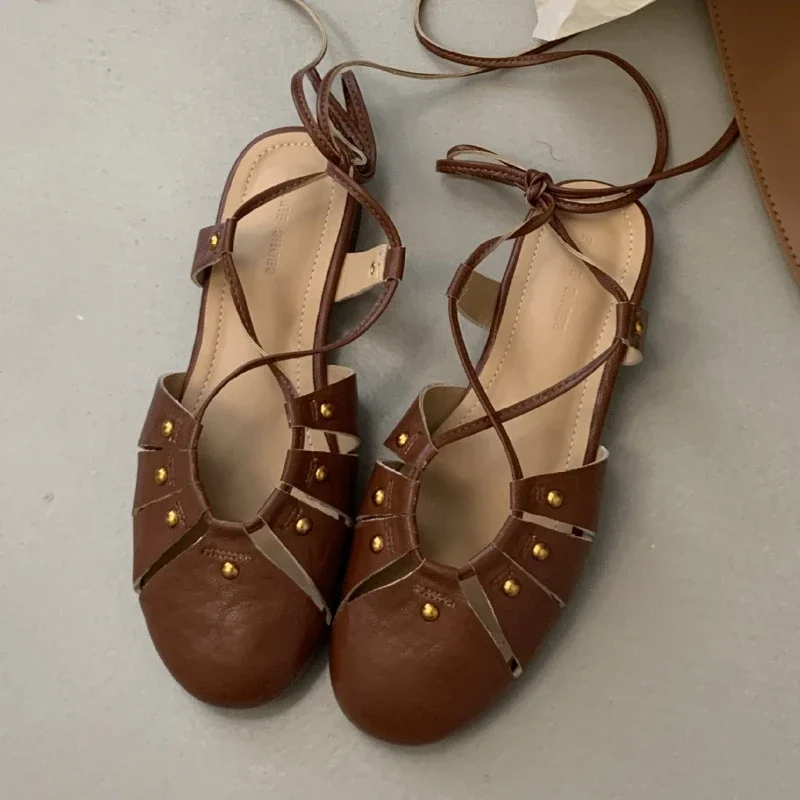 

Модные длинные сандалии на плоской подошве с круглым носком на шнуровке для женщин, роскошные брендовые дизайнерские туфли-лодочки, удобная нескользящая пляжная обувь Sandalias