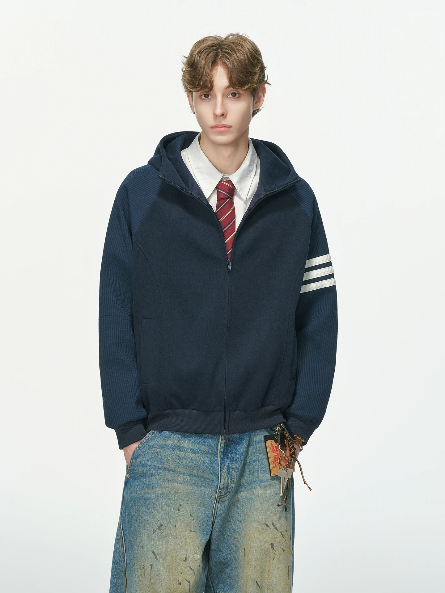 American College Style Texture Three Bars Splicing Hoodie Men's Autumn Commuting Jacket Loose Fit Long Sleeve Zipper Closure