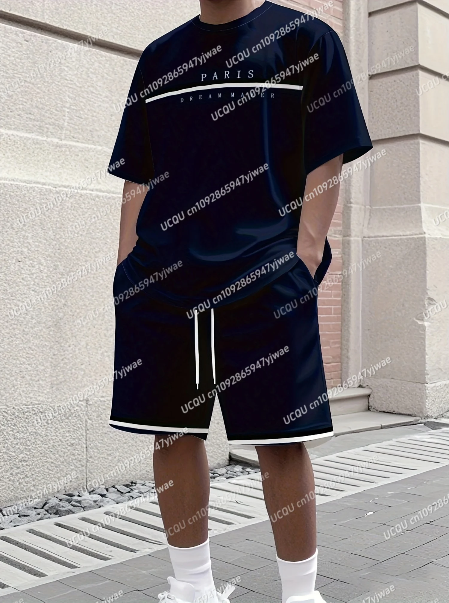 

2025 Summer Pairs Stripe Print Men's Casual Short Sleeve T-Shirt Shorts Set Adult Basketball Jogging 2 Piece Set Men Clothing