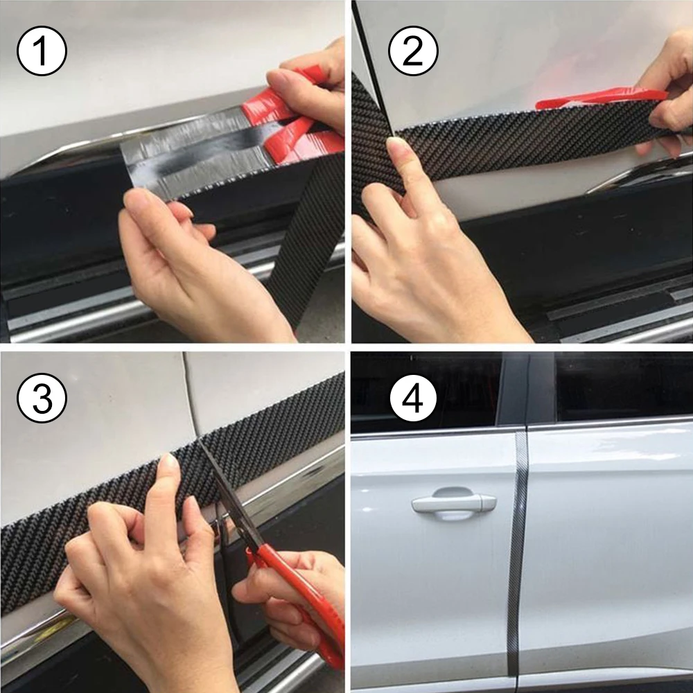 3x100cm Carbon Fiber Rubber Car Door Bumper Strip Guard Anti Scratch Sticker Automotive Wrap Film Self-Adhesive Anti-Collision