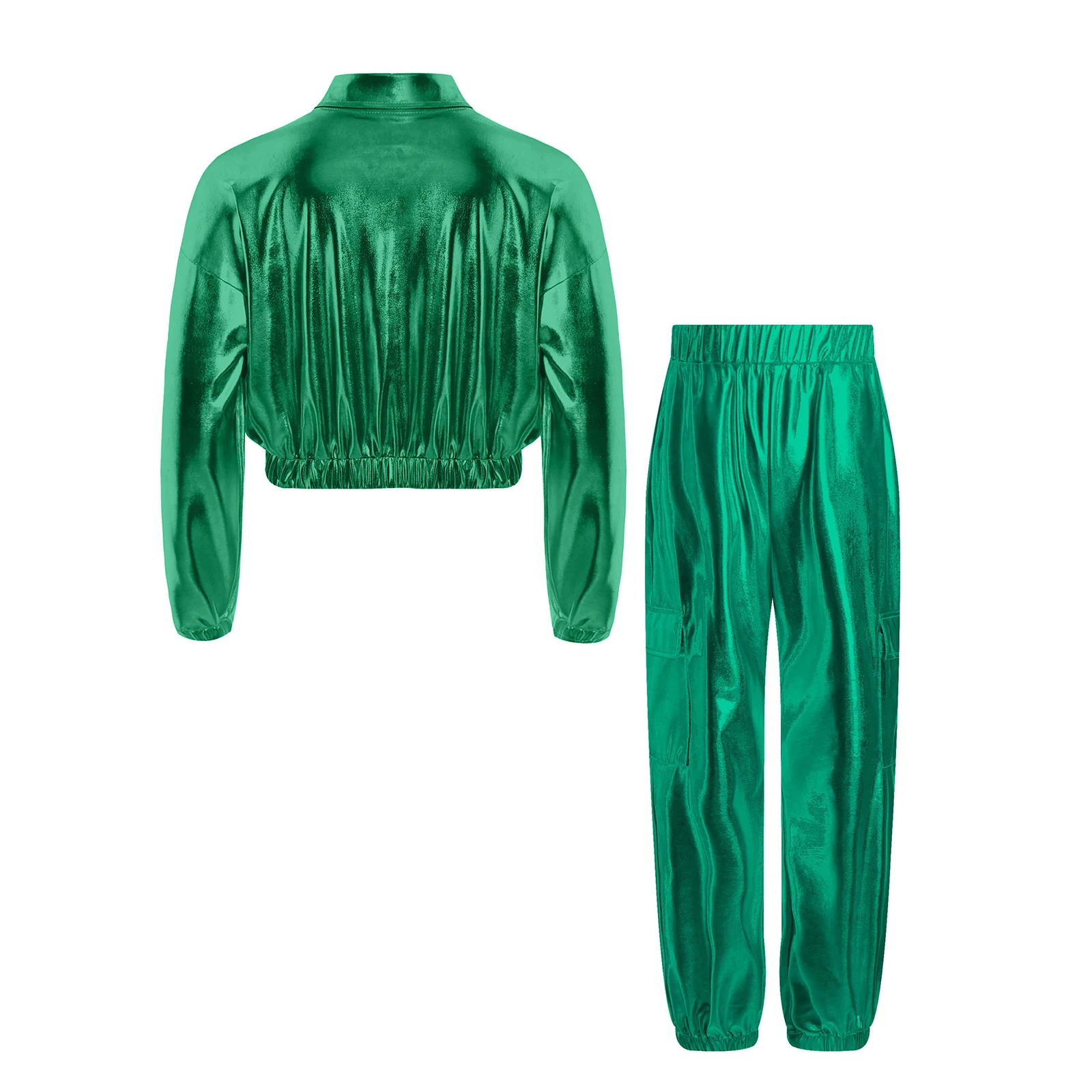 Kinder Jungen Mädchen Jazz Hip-Hop Street Dance Performance Kostüm Metallisch glänzend Langarm Sportjacke Mantel mit Hosen Outfits – Detail 23