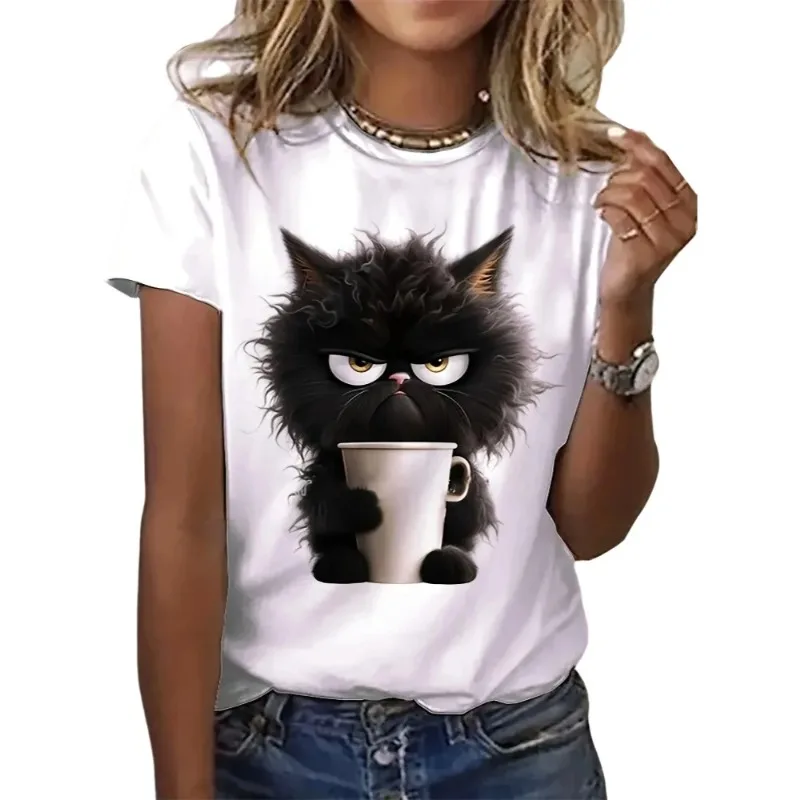 

Funny Cat Print Women's Crew Neck T-Shirt Comfortable Casual Short Sleeve Crew Neck Top Women's Animal-Themed Apparel