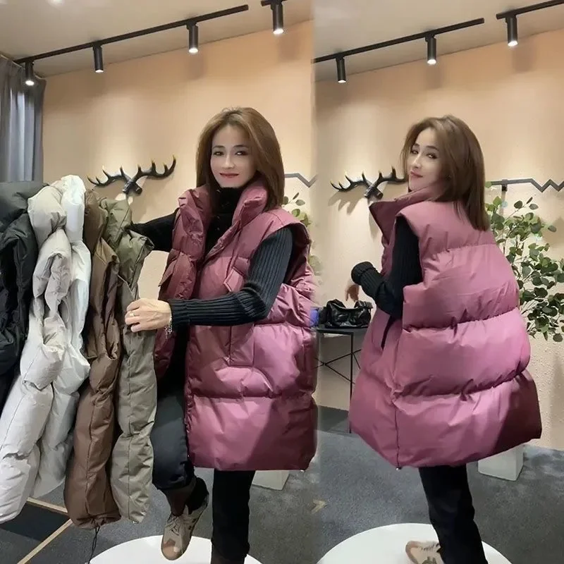 

Korean Female Cotton Padded Vest Jacket 2025 Women Solid Color Parkas Waistcoat Top Winter Ladies Casual Puffer Sleeveless Coat