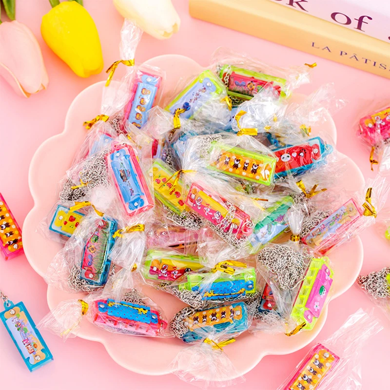 10Pcs Cartoon Mini Harmonica with Necklace Musical Instrument Toys for Kids Birthday Party Favors Baby Shower Pinata Fillers