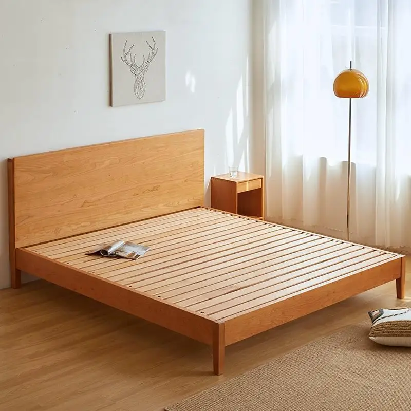 حصير من الخشب الصلب بالكامل من الشمال بدون بجانب السرير، سرير مزدوج حديث وبسيط من خشب البلوط، سرير تخزين من خشب الكرز، شقة صغيرة