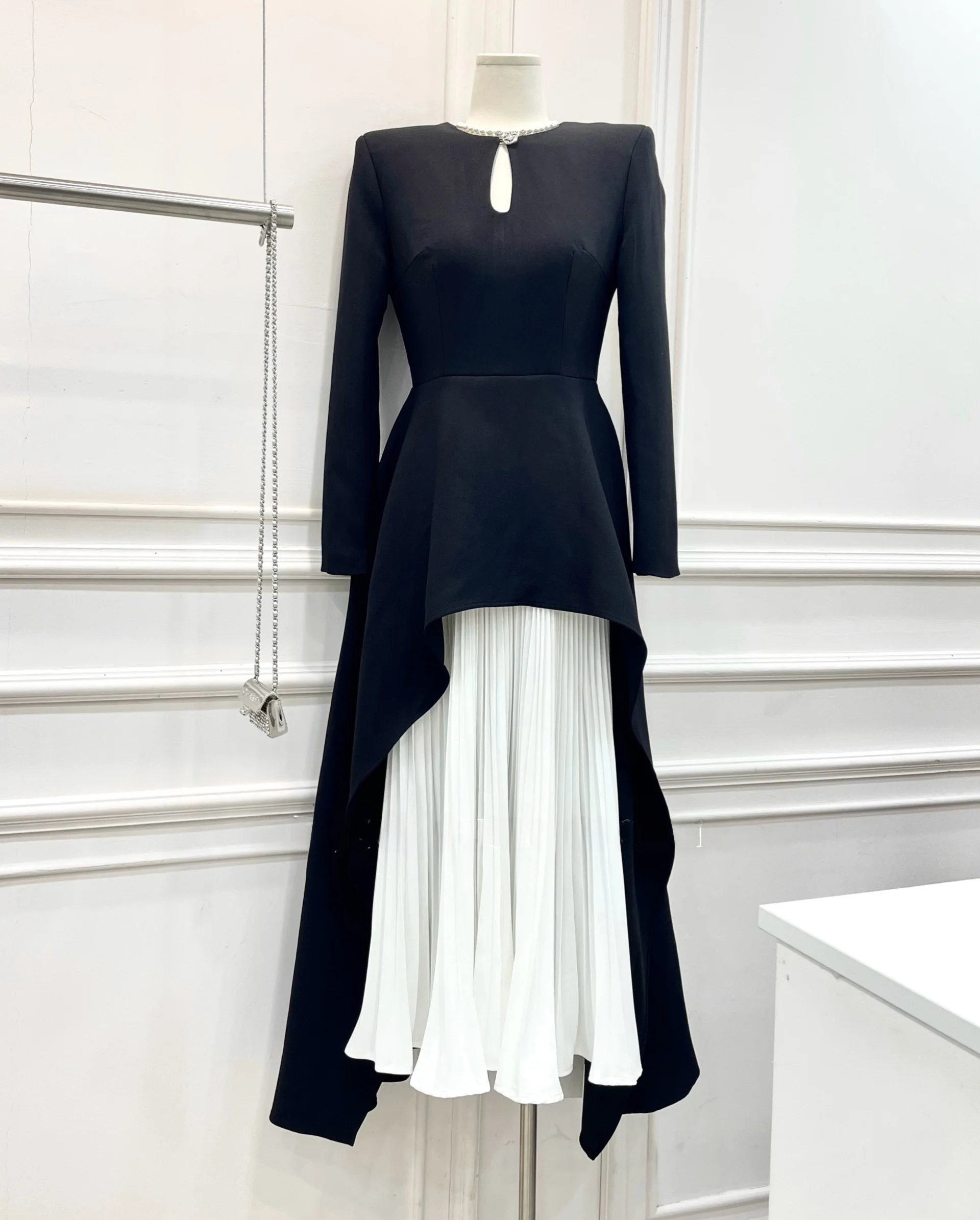 

Ele элитный дизайн, жилет с разрезом, формальный Ocn для похудения, черный, белый цвет, бровая плиссированная длинная юбка, женская Dr