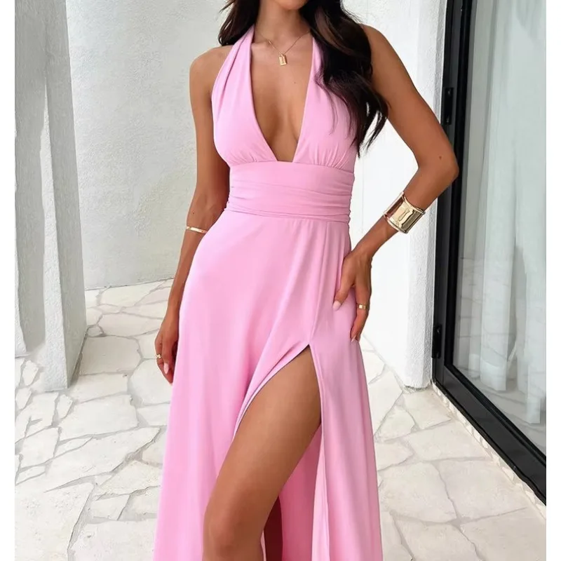 Deep V Neck High Split Maxi Dress For Women Fashion Sleeveless Backless Bodycon Club Party Sexy Long Dress New