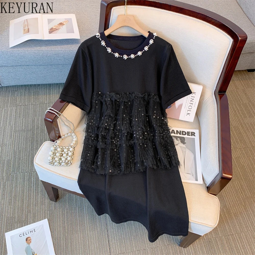 

Summer Sequin Mesh Patchwork Knit Dress Women Korean O-Neck Short Sleeve Peals Beading Loose Oversized Dresses Vestidos De Mujer