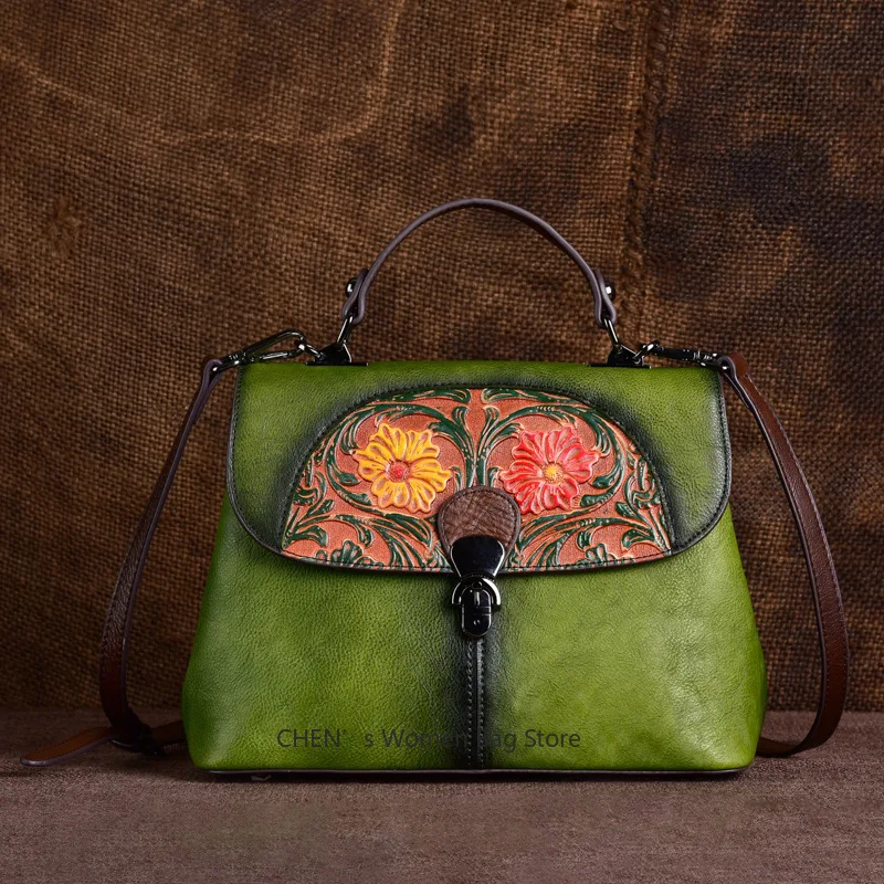 

Genuine Leather Tote Bag Woman Vintage Cow Leather Handbag Flower Ladies Shoulder or Crossbody Bags
