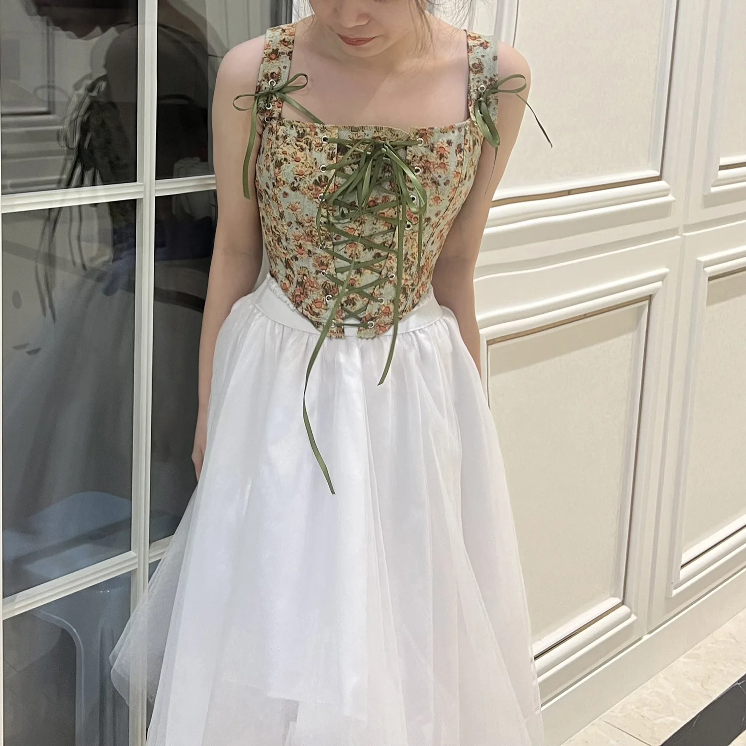 

Yellow Green Corset Tops Sexy Sleeveless Sunflower Print Vest Bustiers for Women Vintage Lace Up Hot Lingerie Y2k Streetwear