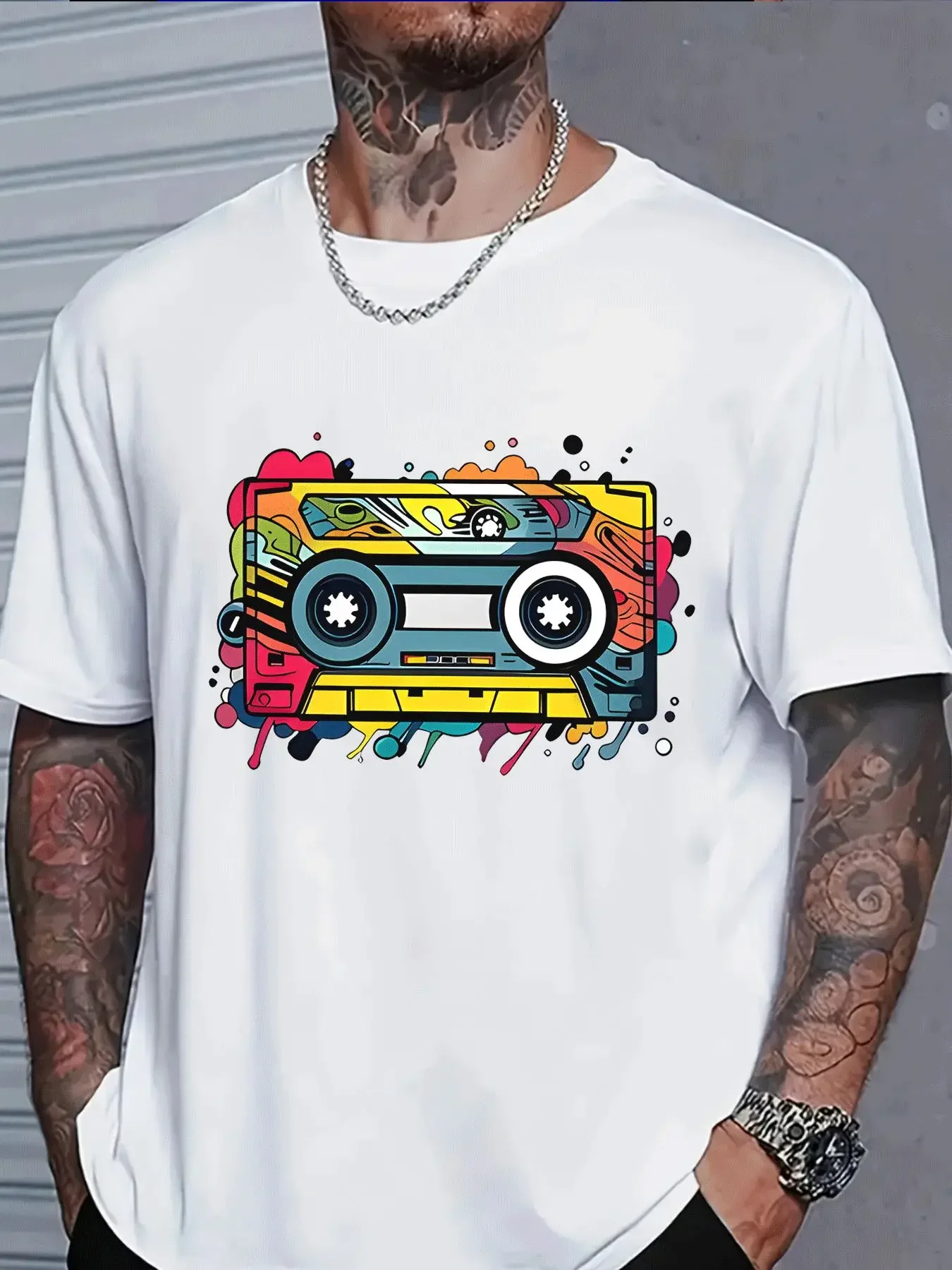 Black Mens Summer Tee Vintage Color Graffiti Cassette Tape Print Short Sleeve Casual Street T Shirt For Retro Music Hip Hop Fans