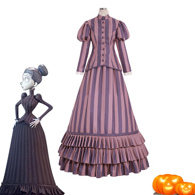 

Women Historical Victorian Strips Walking Suit Tim Burton's Corpse Bride Court Dress Victoria Everglot Cosplay Costume Halloween