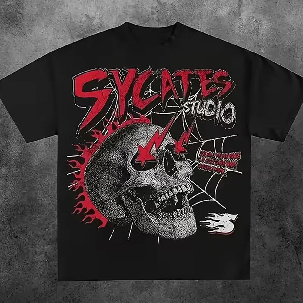 Men's Y2K Streetwear T-Shirt – Logo, Skull, Flame, and Spiderweb Graphics – Black with Red Gothic Print Casual Hip-Hop Crewneck