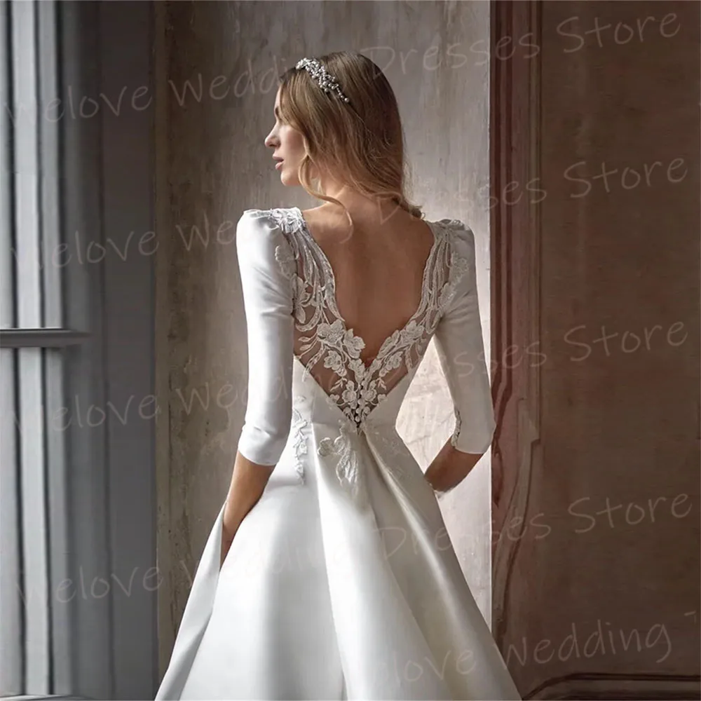 2025 Satin A Line Women's Wedding Dresses Appliques Lace Bride Gowns Three Quarter Sleeve Backless Customized Vestidos De Novia