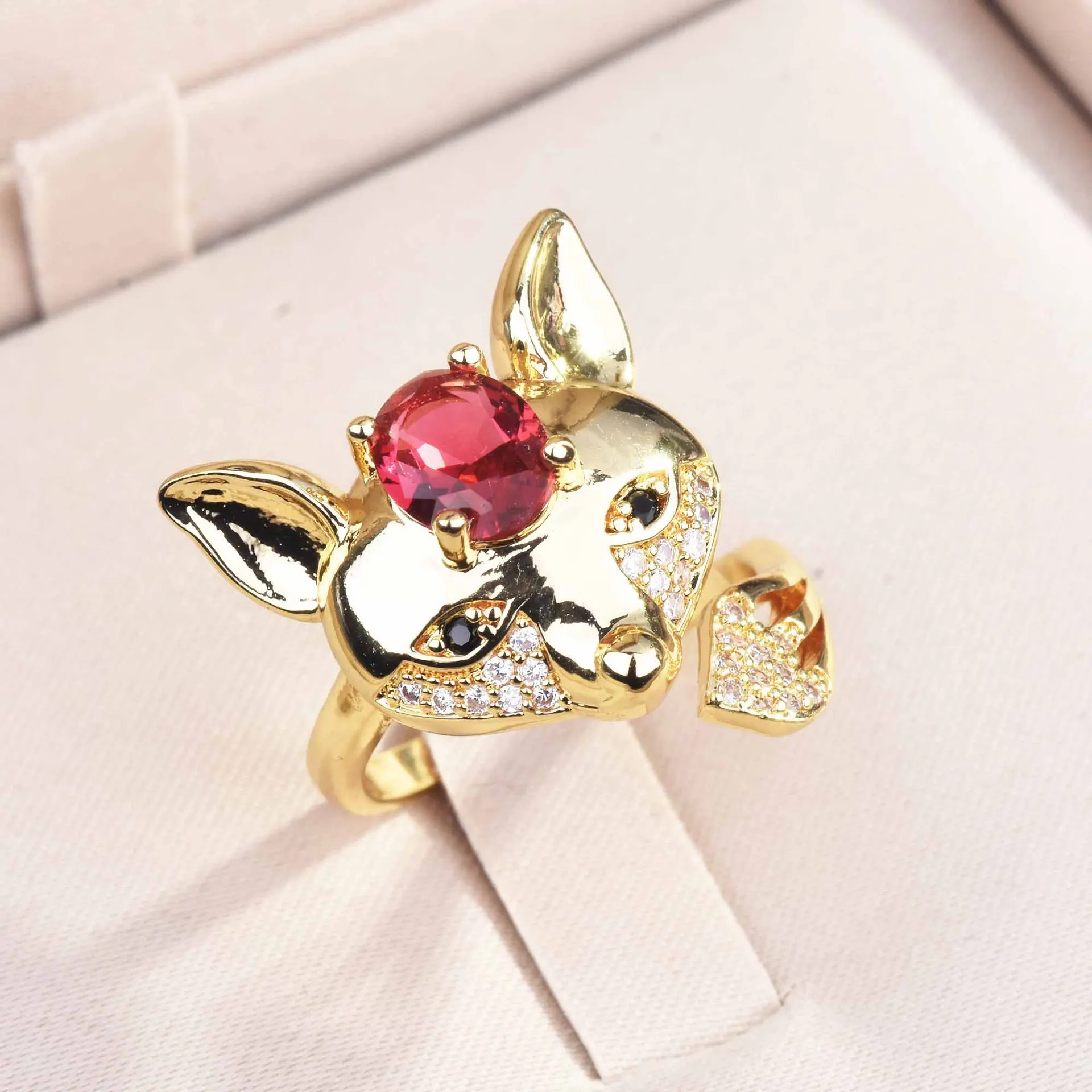 Kuaishou live broadcast new 18k gold-plated fox ring personality creative ruby fox open ring female