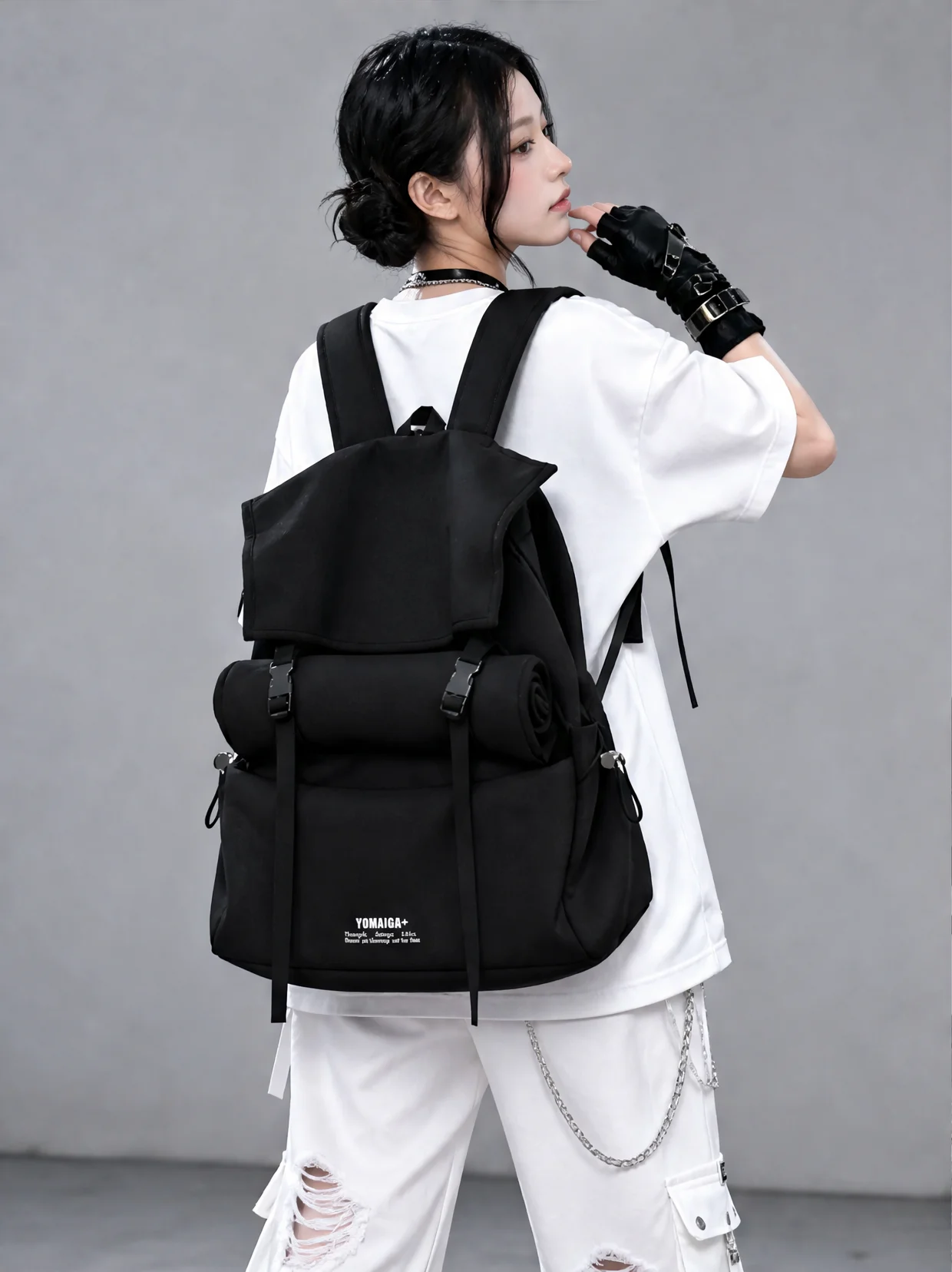 YONAIGA Original Large Capacity Casual Black Backpack Unisex Travel Bag Student Bookbag Roll Bag Soft Material Polyester 