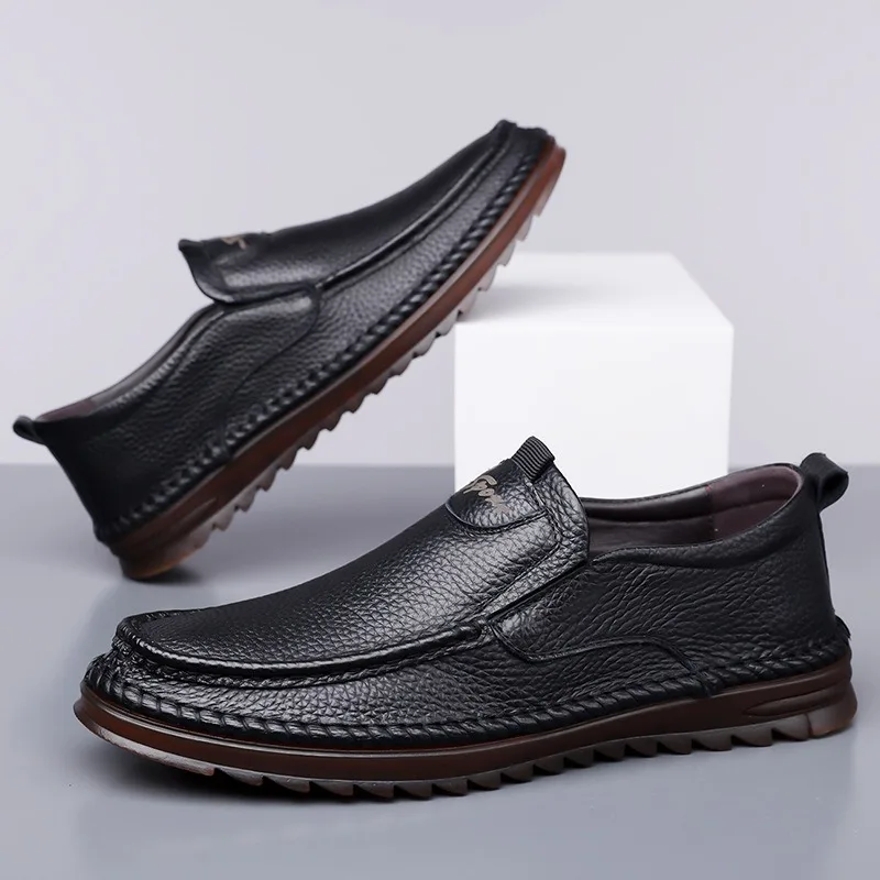 الرجال أحذية من الجلد الحقيقي 2026 الربيع لينة وحيد عدم الانزلاق اليدوية حذاء كاجوال موضة الخياطة في الهواء الطلق الشقق المتسكعون Szie 39-48 #3